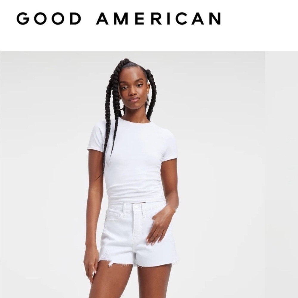 Good American Good ‘90s Jean Shorts White Distressed Raw Hem Plus Size 90